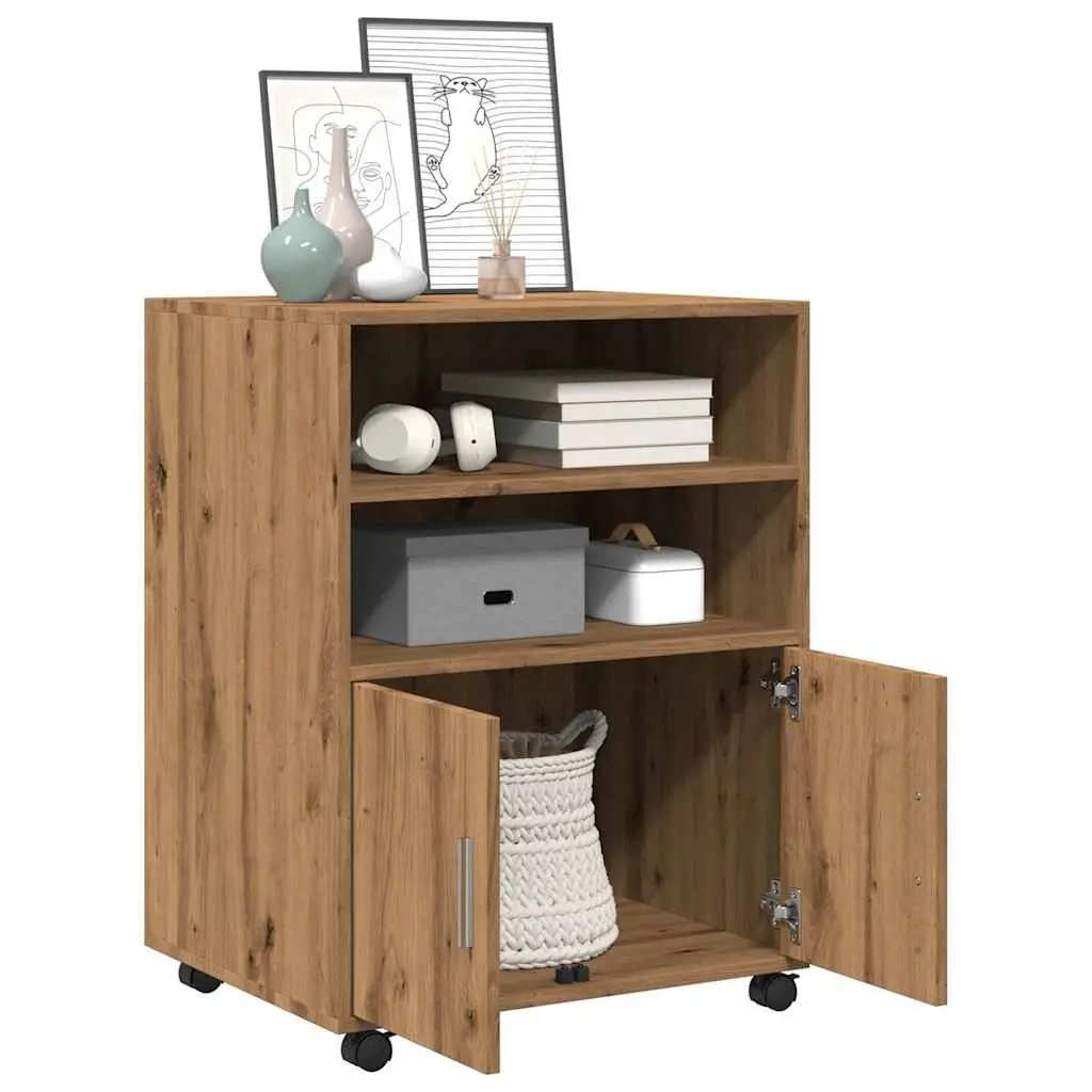 Brown Rolling Cabinet with Shelves and Doors