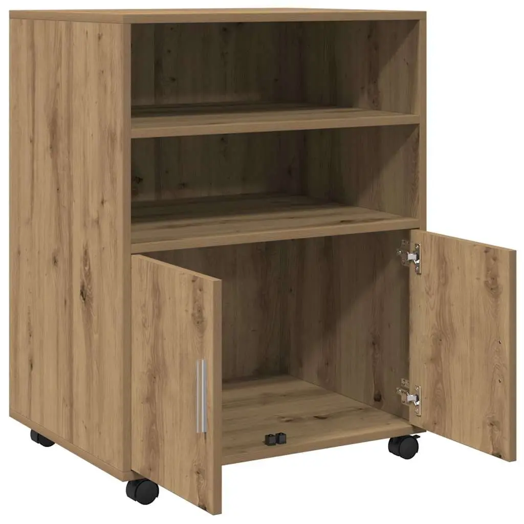 Brown Rolling Cabinet with Shelves and Doors