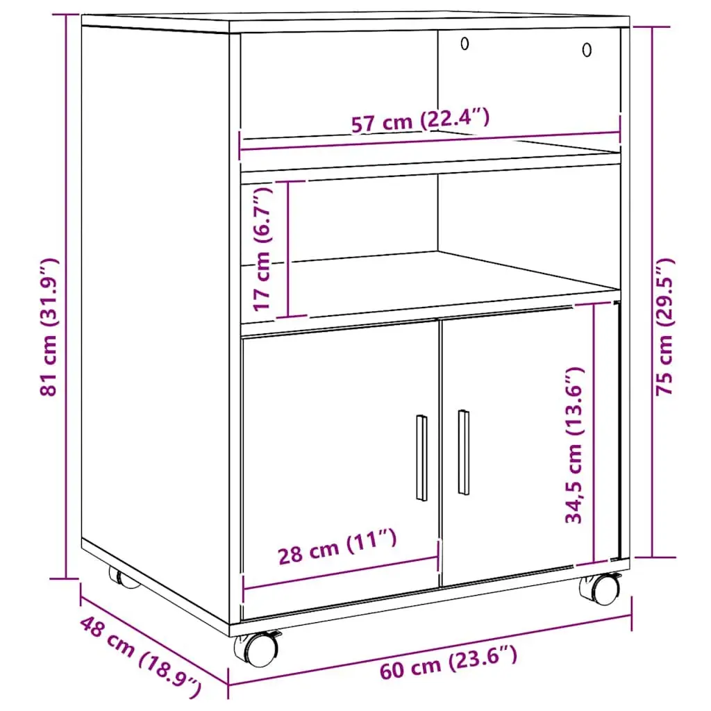 Brown Rolling Cabinet with Shelves and Doors