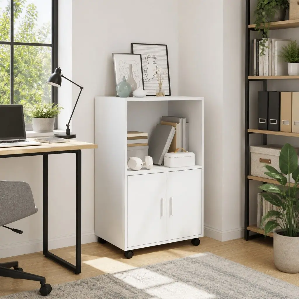 Rolling White Storage Cabinet with Wheels and Doors