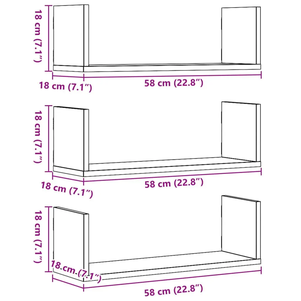 Wall Shelves Floating White 58x18x18 cm Engineered Wood Storage Display 3 Piece