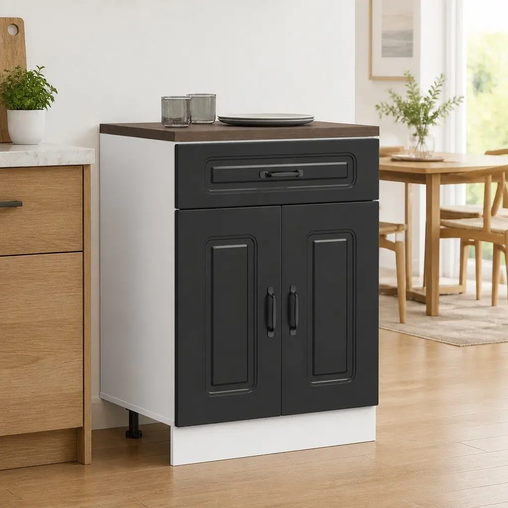 Kitchen Base Cabinet Black Engineered Wood Storage Cupboard Adjustable Feet