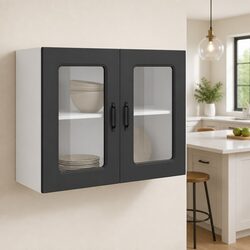 Black Glass Door Kitchen Wall Cabinet Storage Solution