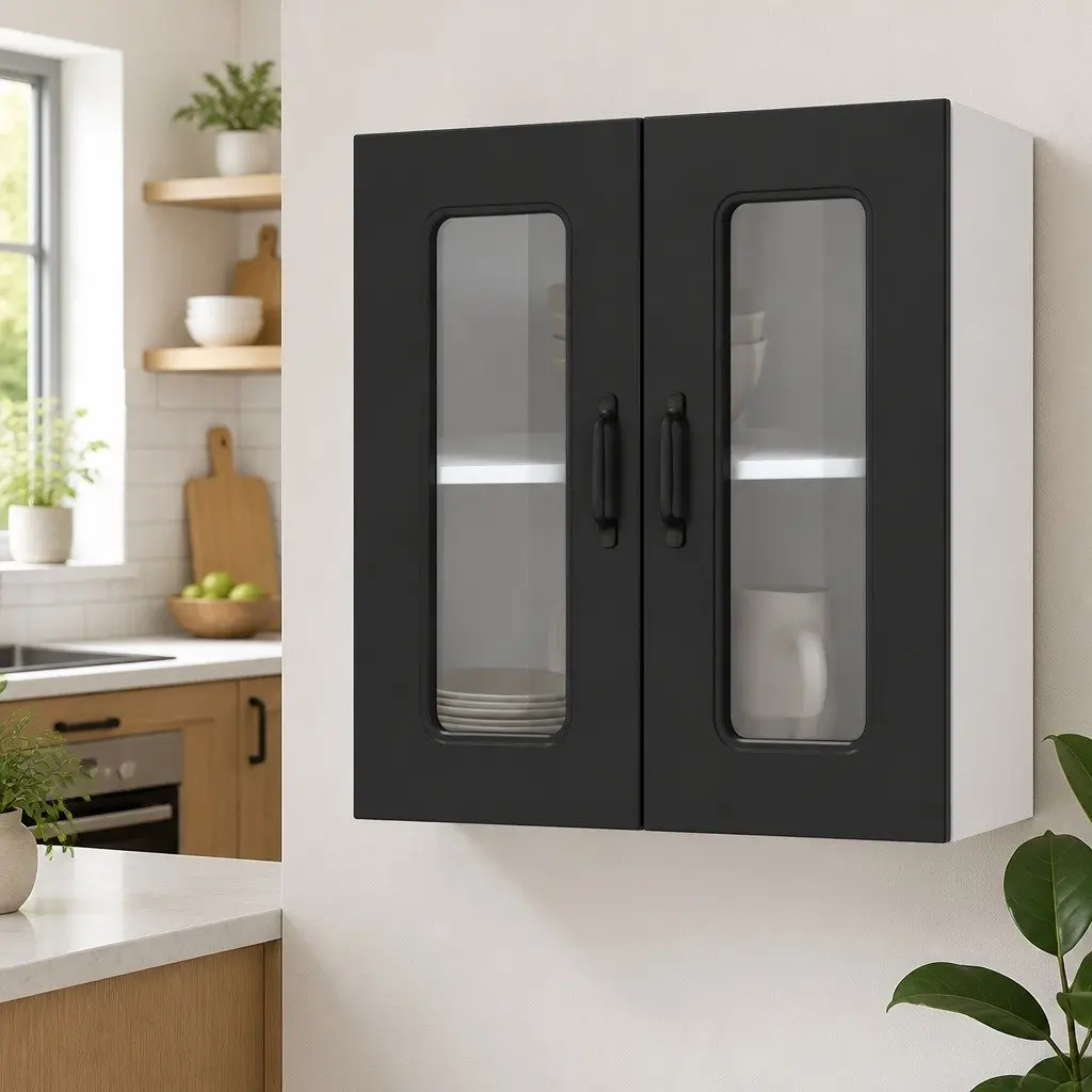 Kitchen Cabinet Wall-Mounted Black Glass Door Engineered Wood Storage Unit