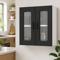Black Engineered Wood Kitchen Wall Cabinet with Glass Door
