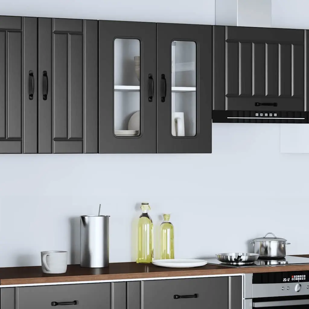 Kitchen Cabinet Wall-Mounted Black Glass Door Engineered Wood Storage Unit