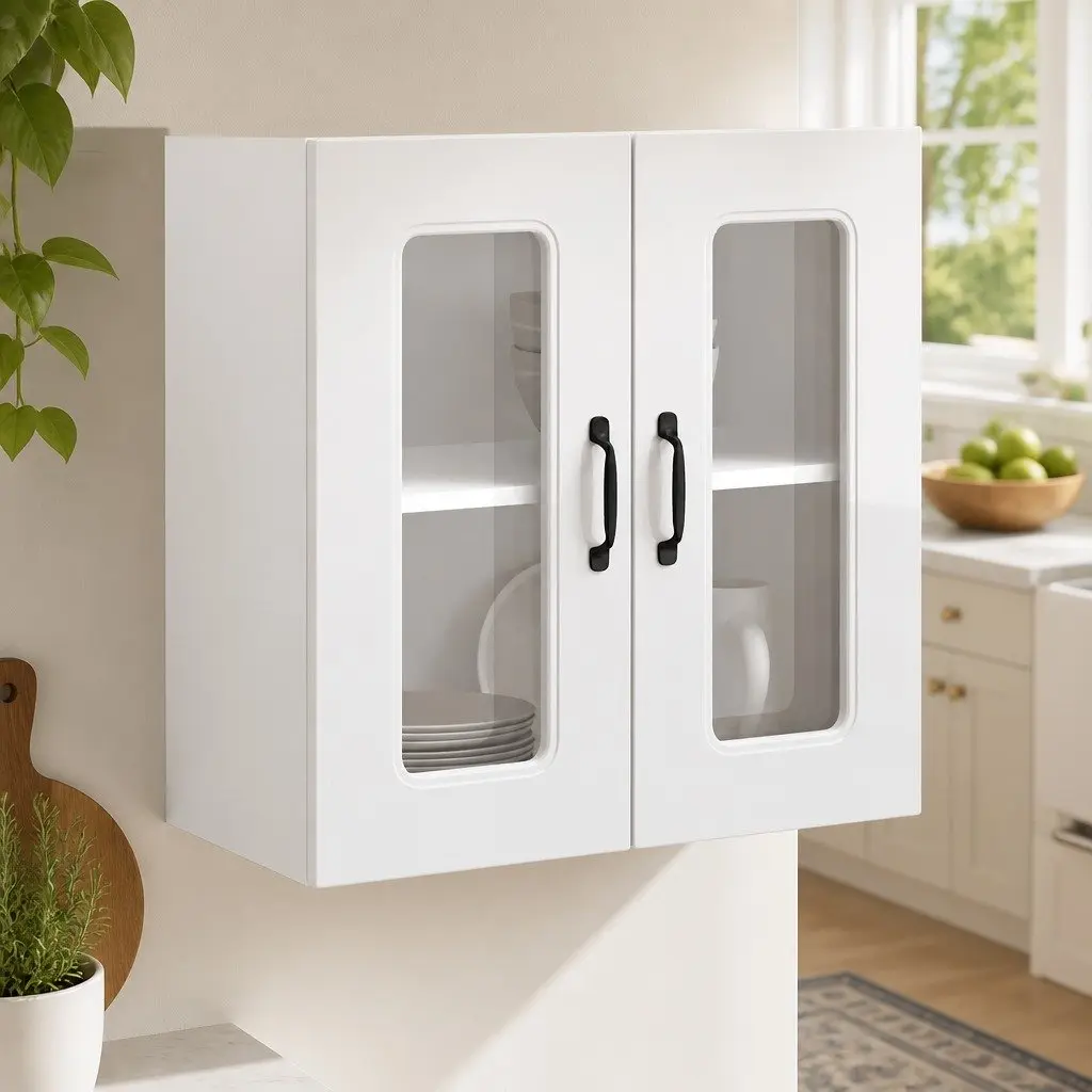 Glass Door Kitchen Wall Cabinet White Engineered Wood Storage Unit