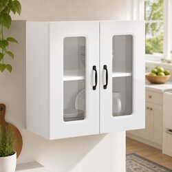 White Engineered Wood Kitchen Wall Cabinet with Glass Door