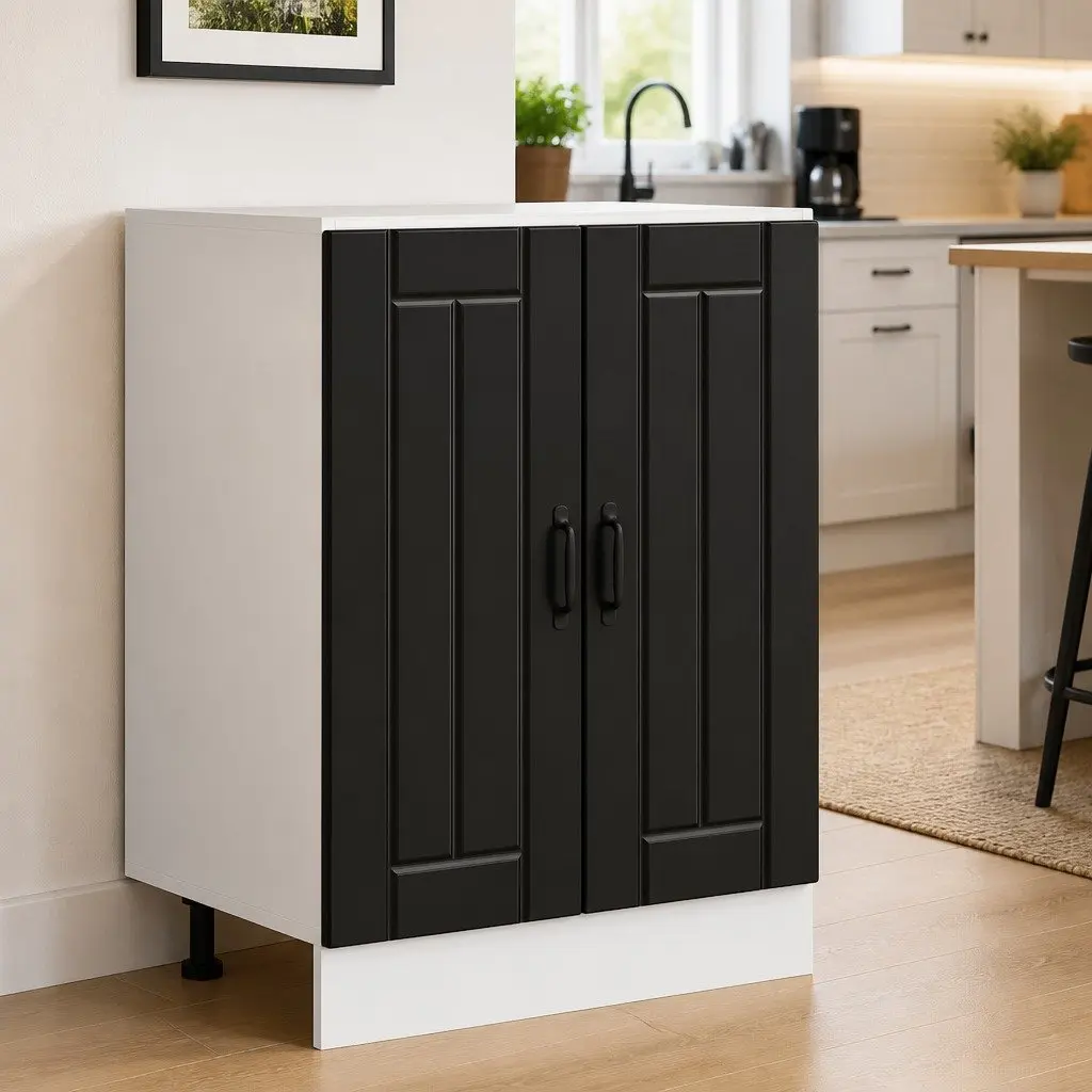 Black Kitchen Storage Cupboard Engineered Wood Sink Base Cabinet with Doors