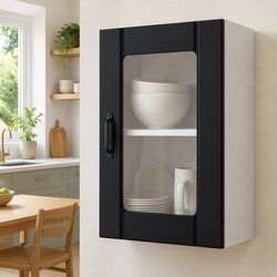 Wall-Mounted Kitchen Cabinet with Glass Door in Black