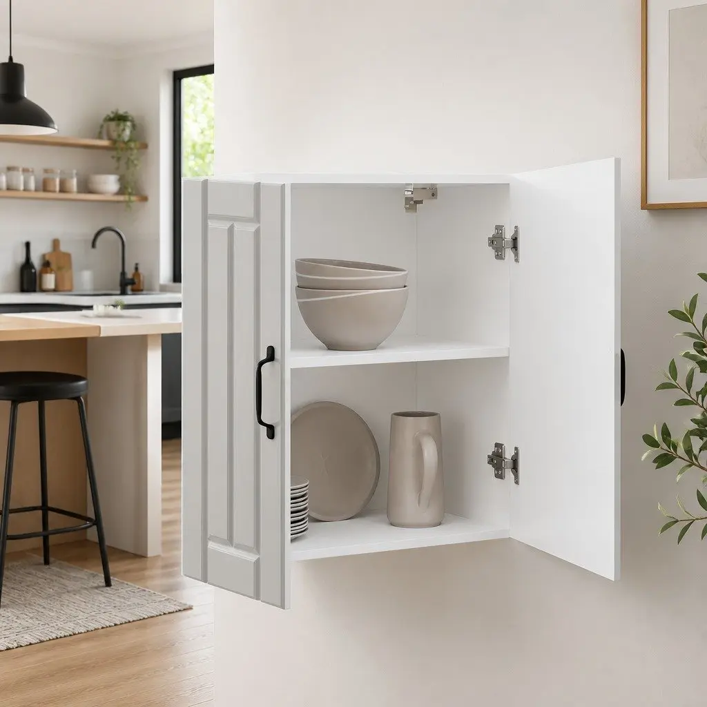 Kitchen Wall Cabinet White High Gloss Engineered Wood Glass Door Wall-Mounted Storage
