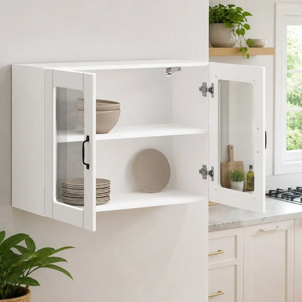 White Engineered Wood Kitchen Wall Cabinet with Glass Door