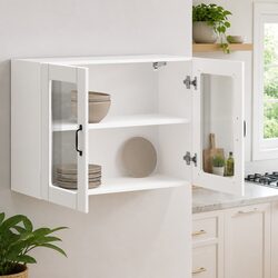White Engineered Wood Kitchen Wall Cabinet with Glass Door