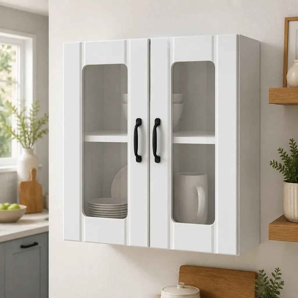 White Engineered Wood Kitchen Wall Cabinet with Glass Door