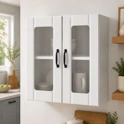 White Engineered Wood Kitchen Wall Cabinet with Glass Door