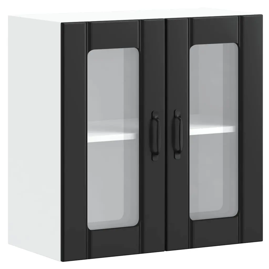 Kitchen Wall Cabinet Glass Door Black Engineered Wood Storage Organiser
