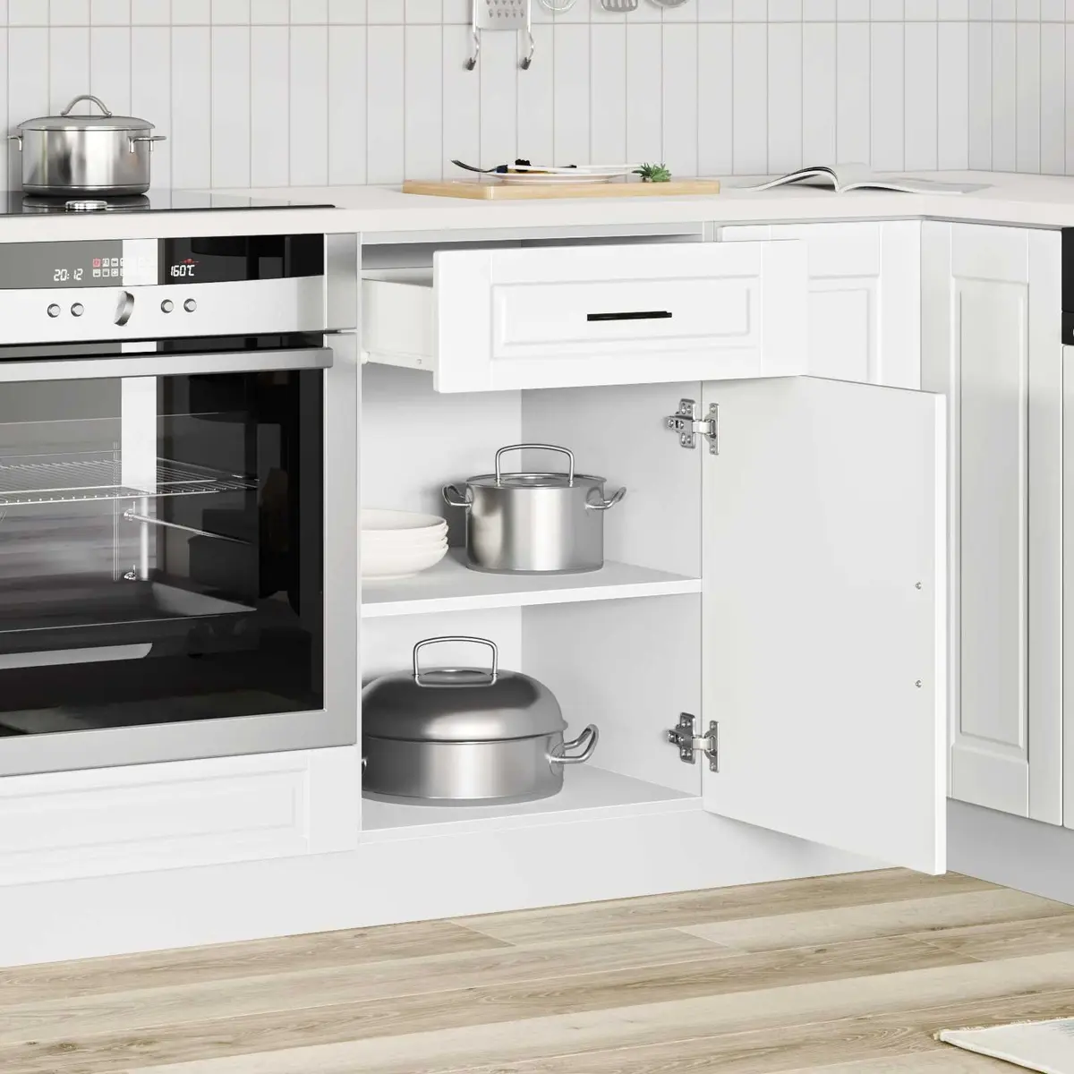Kitchen Base Cabinet White Engineered Wood Storage Cupboard with Doors