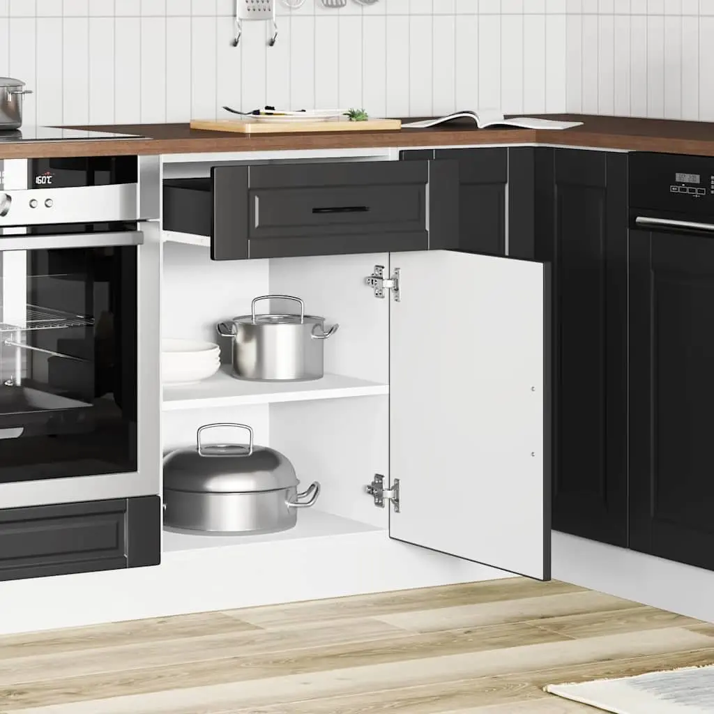 Kitchen Base Cabinet Black Engineered Wood Adjustable Feet Storage Cupboard Doors
