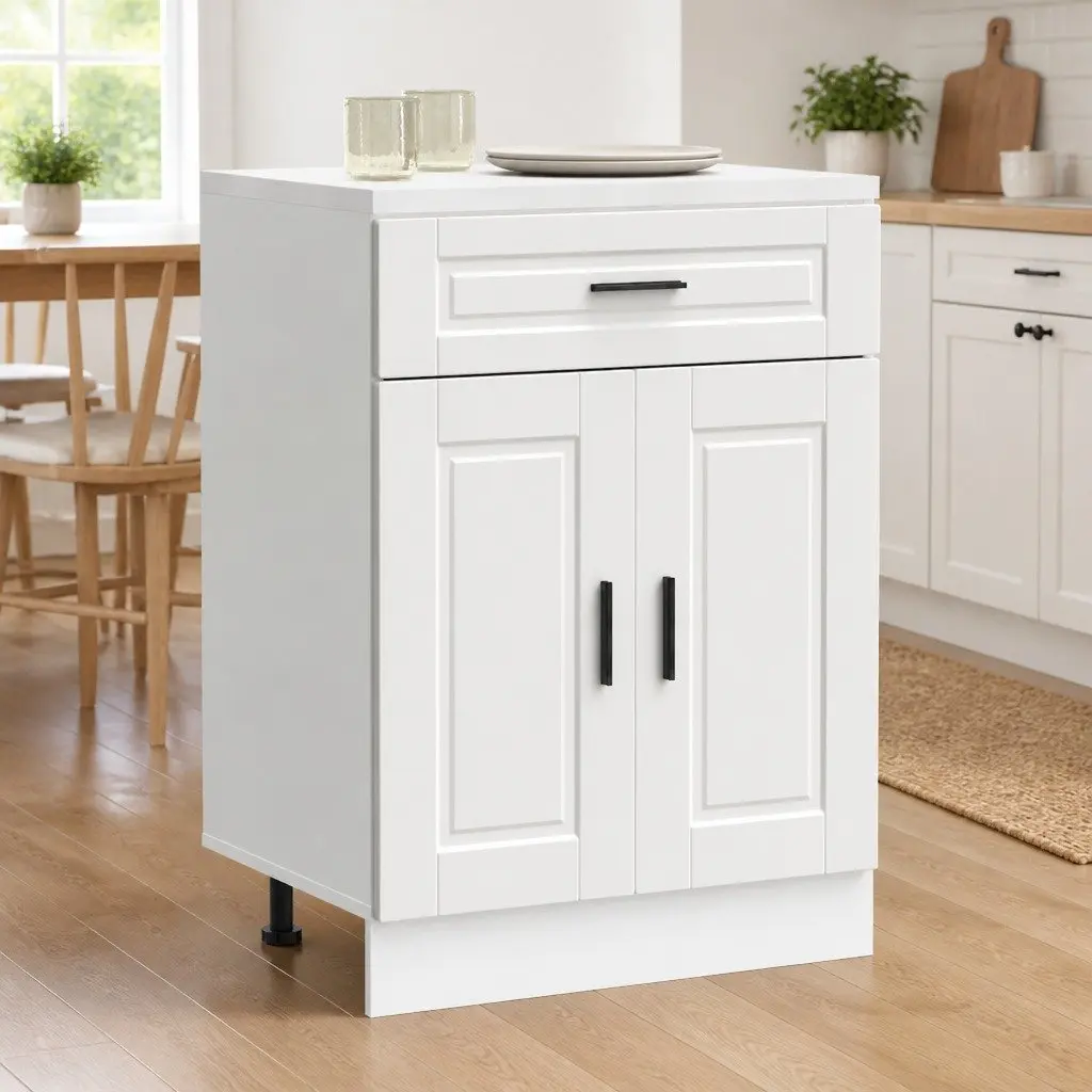 White Kitchen Cupboard Base Cabinet Engineered Wood Storage with Adjustable Legs