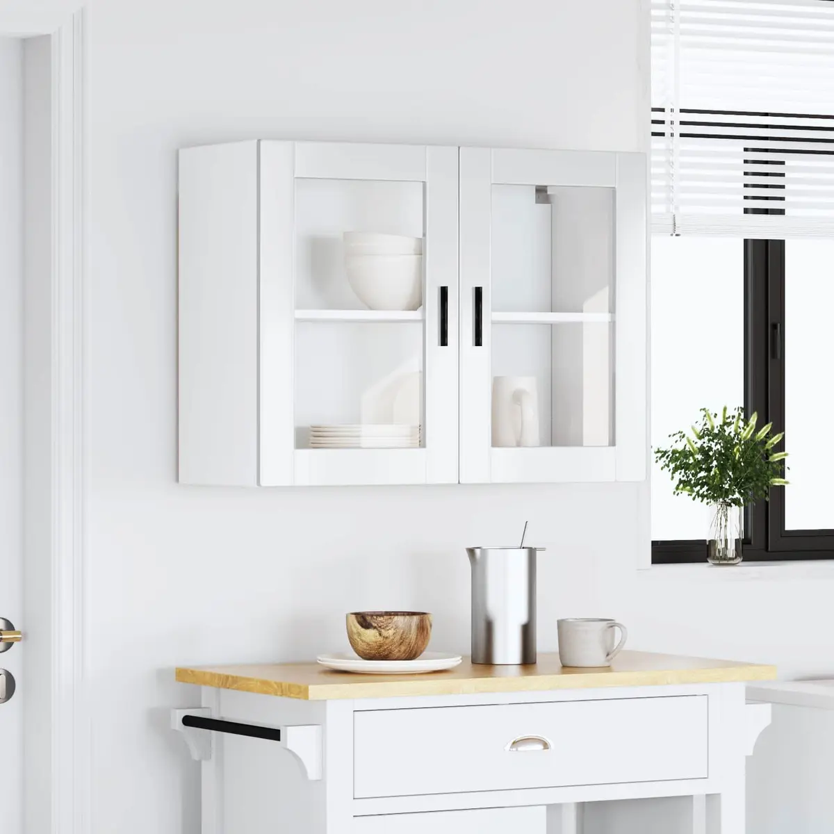 White High Gloss Kitchen Wall Cabinet with Glass Door