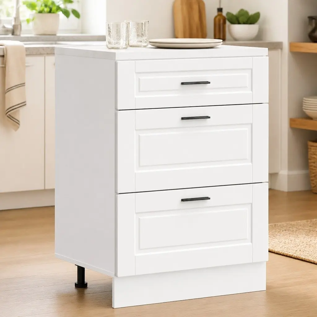 White Engineered Wood Kitchen Base Cabinet with Adjustable Feet