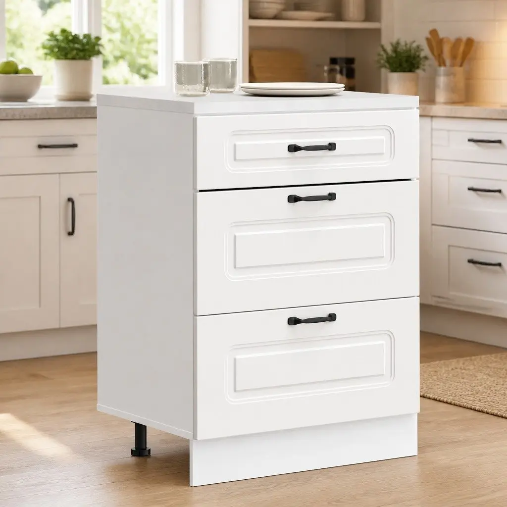 White Engineered Wood Kitchen Cabinet with Adjustable Feet and Concealed Storage