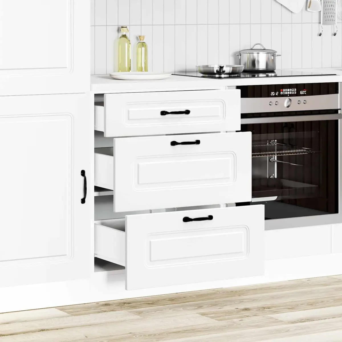 White Engineered Wood Kitchen Cabinet with Adjustable Feet and Concealed Storage
