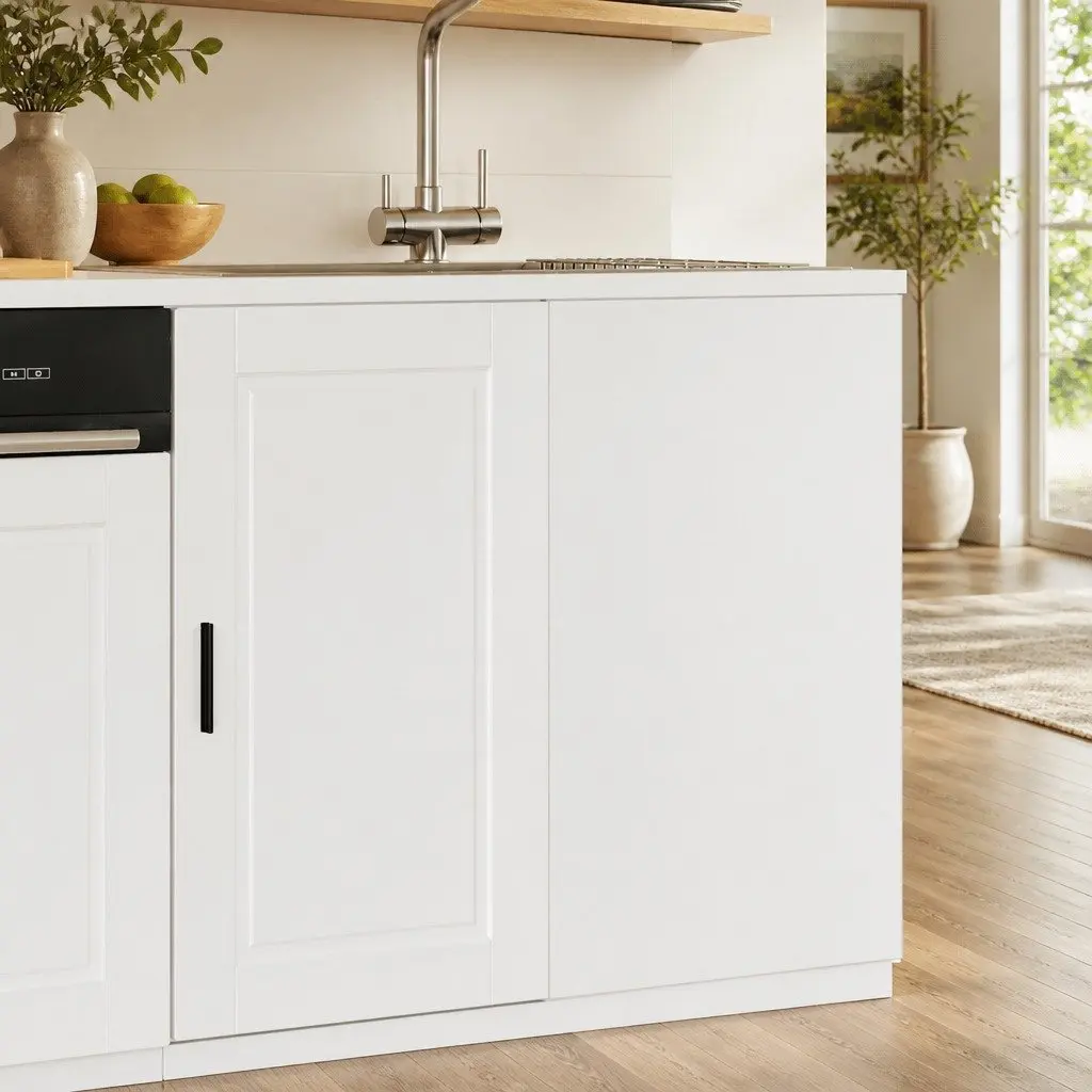 White Engineered Wood Kitchen Base Cabinet with Doors