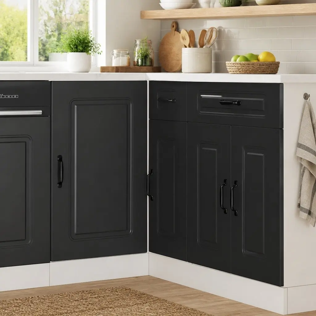 Black Engineered Wood Kitchen Base Cabinet with Doors