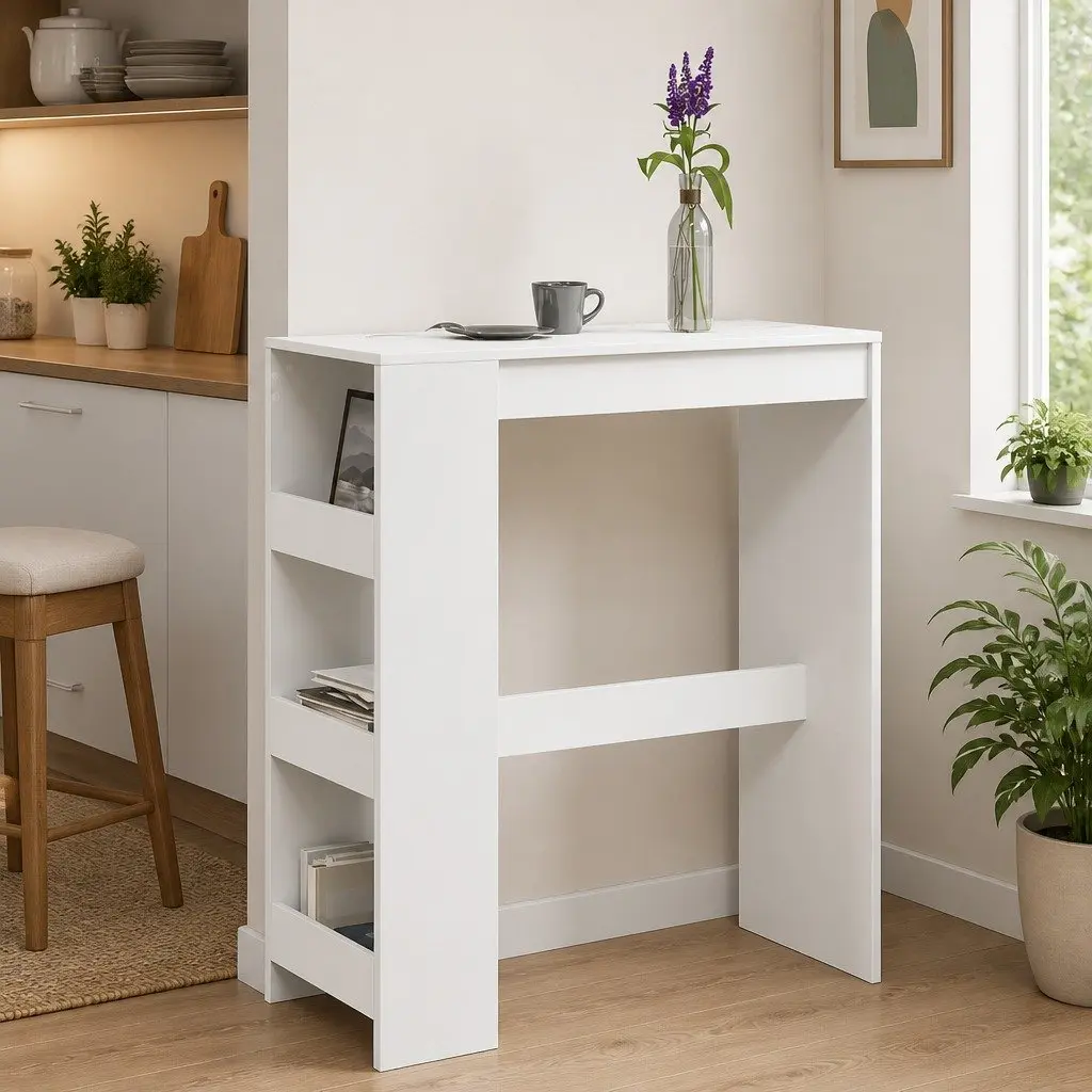 Bar Table White High Counter with Storage Shelves Engineered Wood 90L x 40W x 103.5H cm