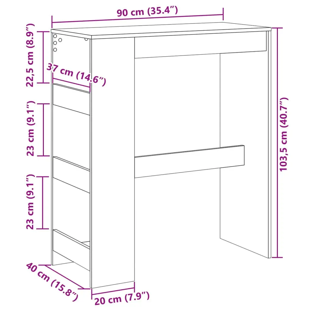 Bar Table White High Counter with Storage Shelves Engineered Wood 90L x 40W x 103.5H cm