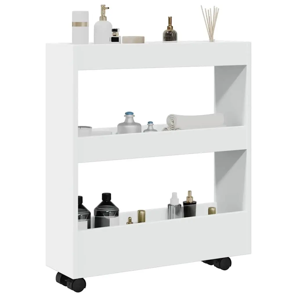 Narrow Storage Trolley White 3 Tier Engineered Wood Rolling Kitchen Dining Cart
