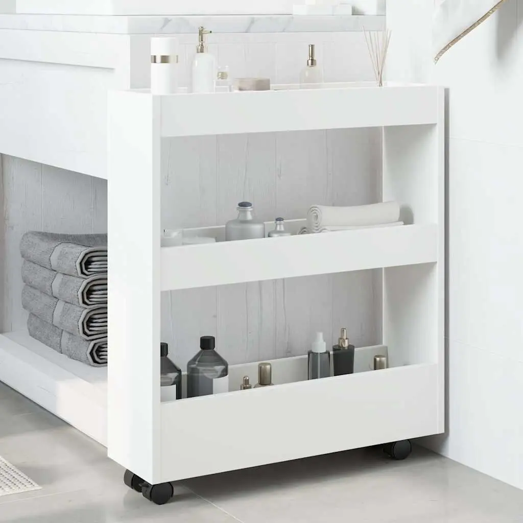 Narrow Storage Trolley White 3 Tier Engineered Wood Rolling Kitchen Dining Cart