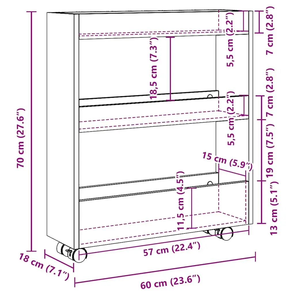 Narrow Storage Trolley White 3 Tier Engineered Wood Rolling Kitchen Dining Cart