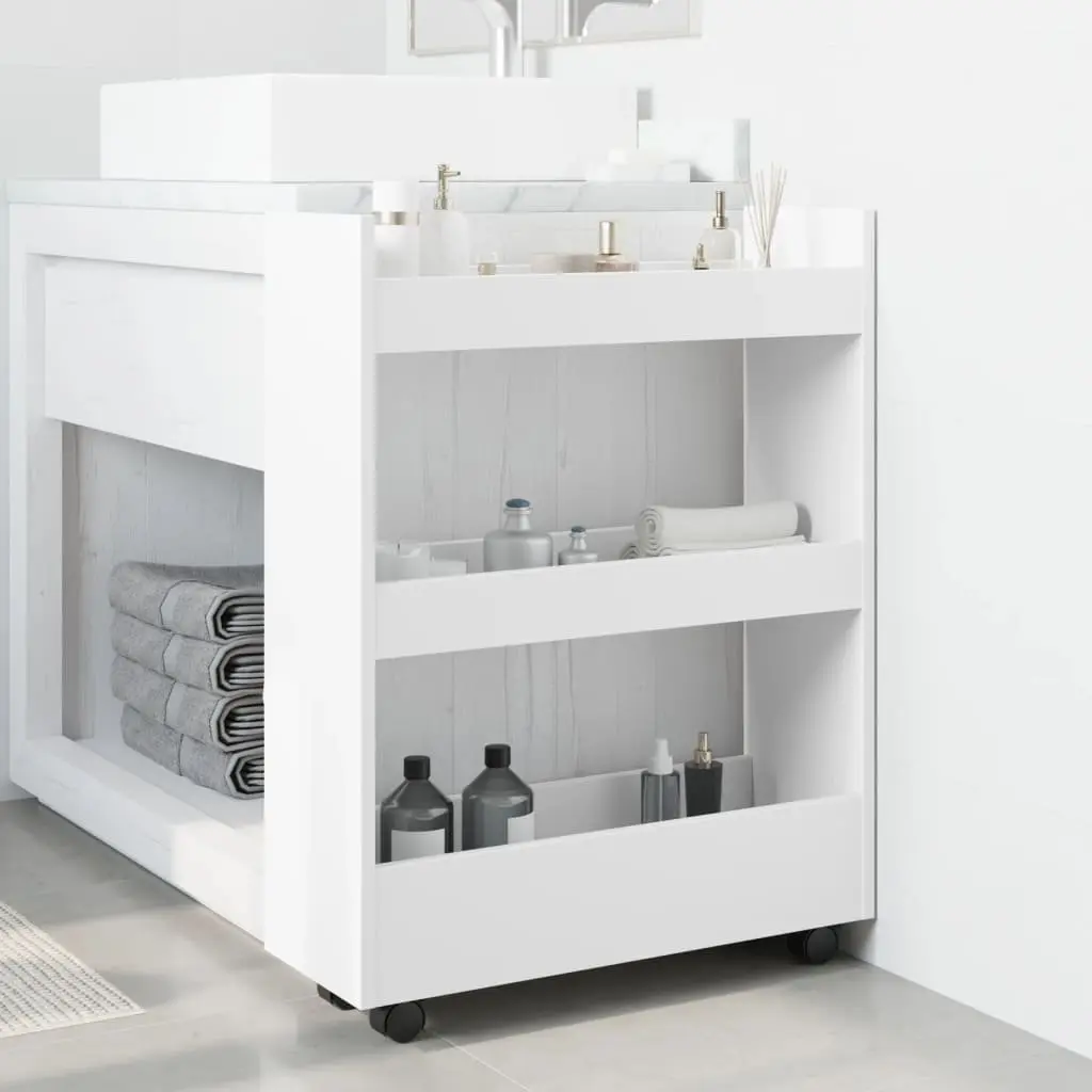 Narrow Storage Trolley White 3 Tier Engineered Wood Rolling Cart