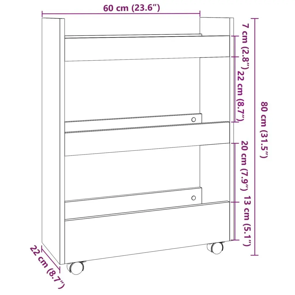 Narrow Storage Trolley White 3 Tier Engineered Wood Rolling Cart