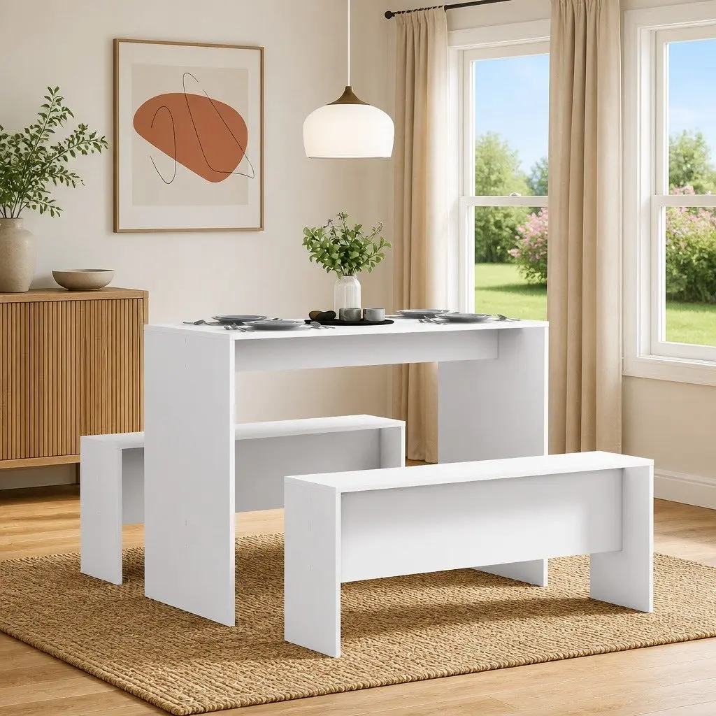 3-Piece White Dining Table and Bench Set