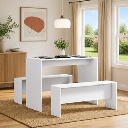 3-Piece White Dining Table and Bench Set