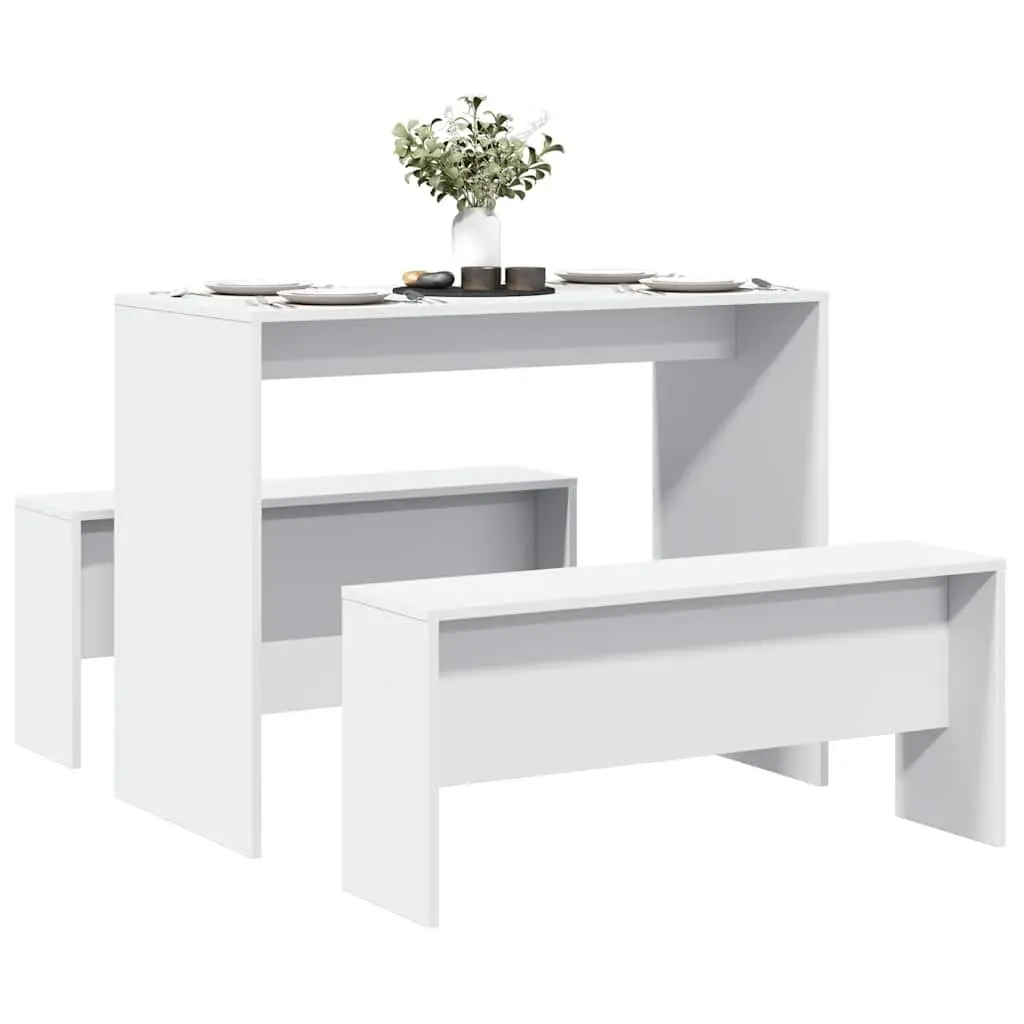 3-Piece White Dining Table and Bench Set