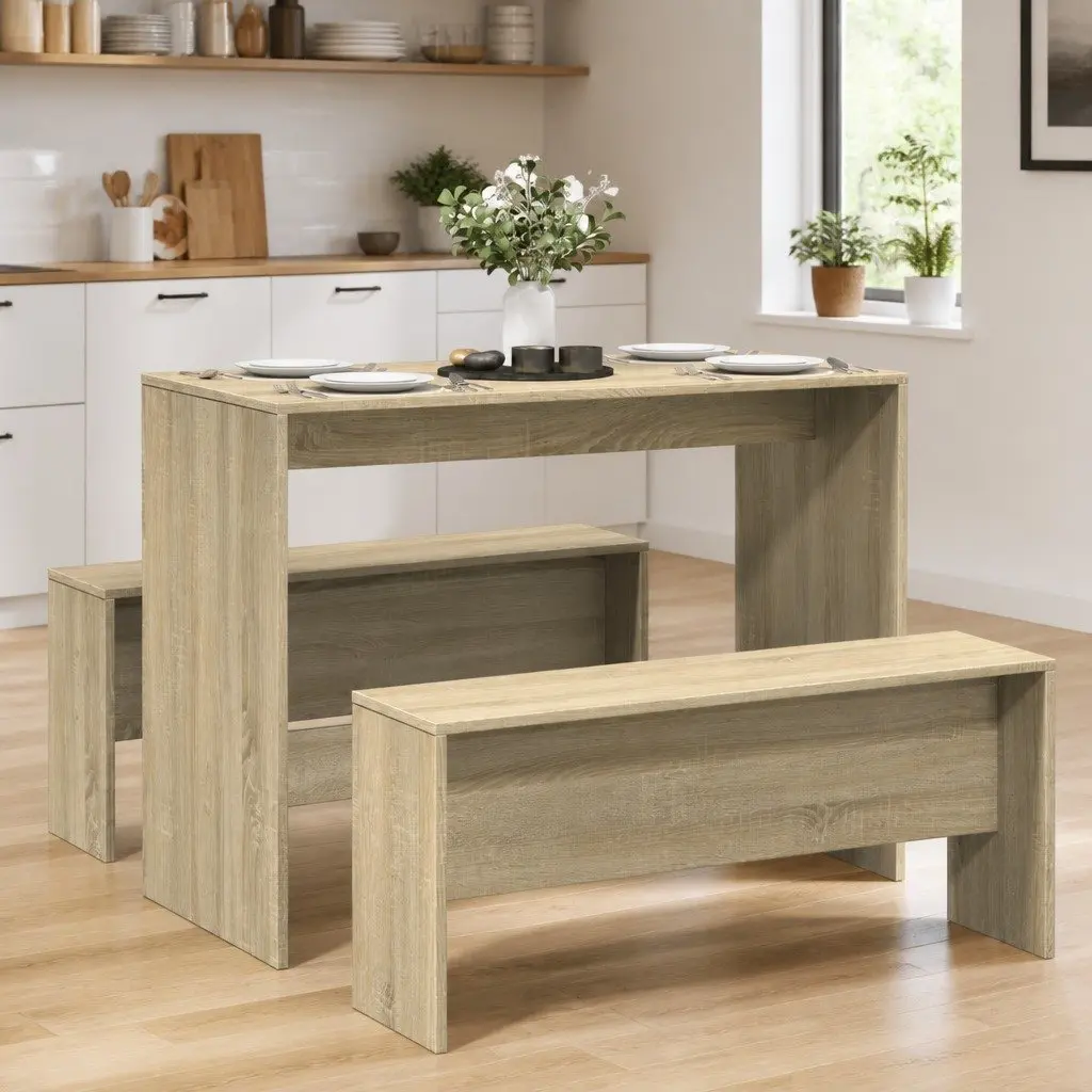 Dining Table and Bench Set Brown 3 Piece Engineered Wood