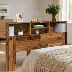 Warm Brown Wood Headboard Cabinet with Storage Compartment