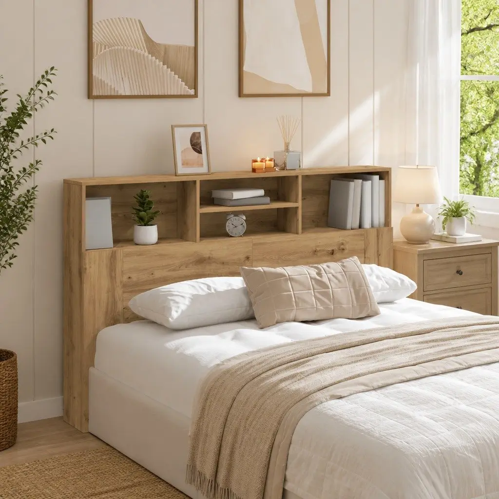 Brown Oak Headboard Cabinet for Bedroom Storage 160x19x103.5cm