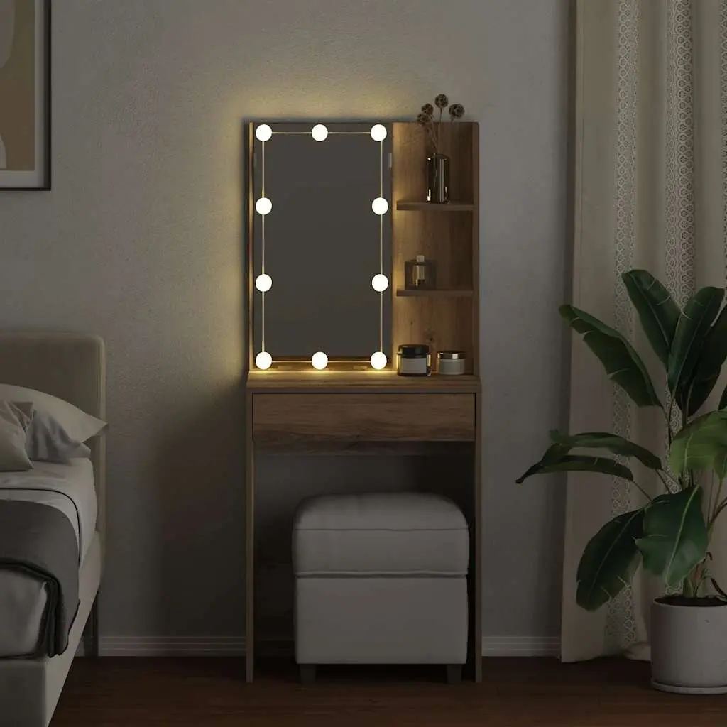 Dressing Table with RGB LED Lights Open Shelves Drawer Storage Makeup Vanity