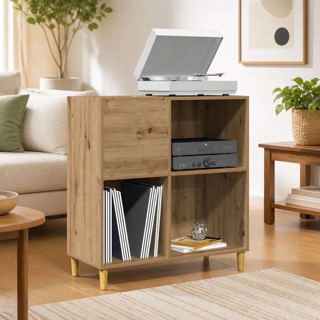 Brown Engineered Wood Record Cabinet for Vinyl Storage