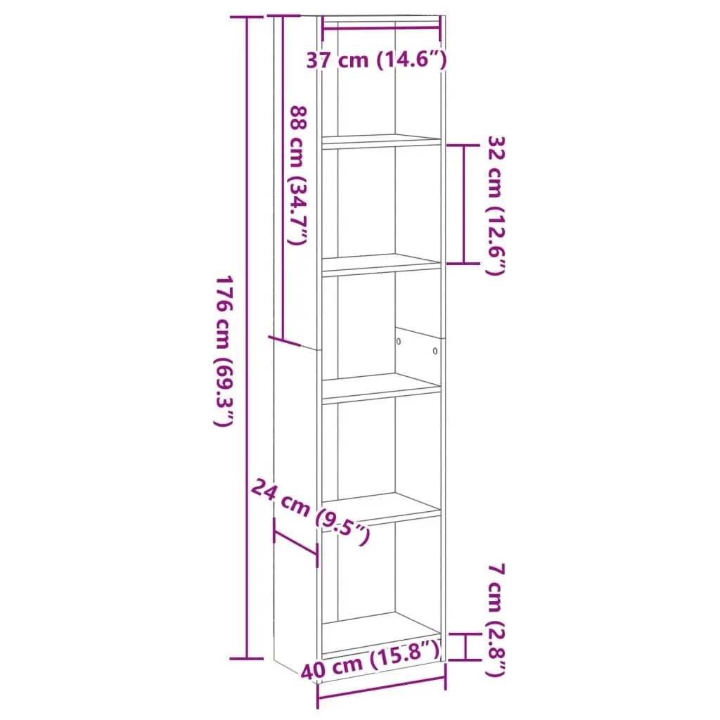 Brown Engineered Wood Bookcase Open Shelving Unit 40W x 24D x 176H cm Storage for Home Office