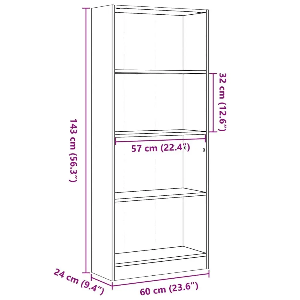 Bookcase Open Compartment Brown Engineered Wood 60W x 24D x 143H cm Storage Shelving Unit