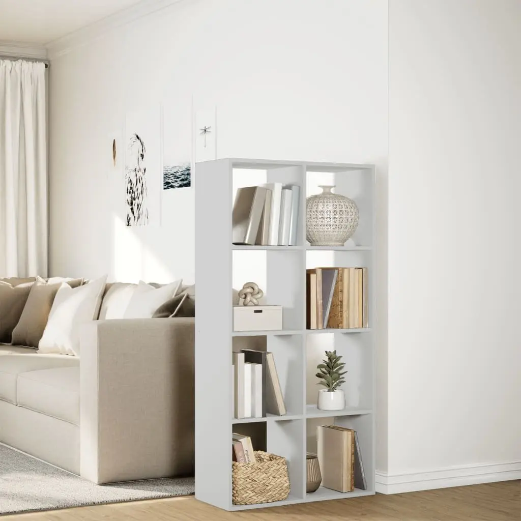 White Engineered Wood Room Divider Bookcase with 8 Compartments