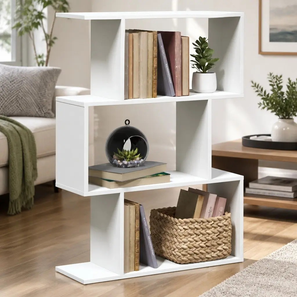 3-Tier White Engineered Wood Room Divider Bookcase
