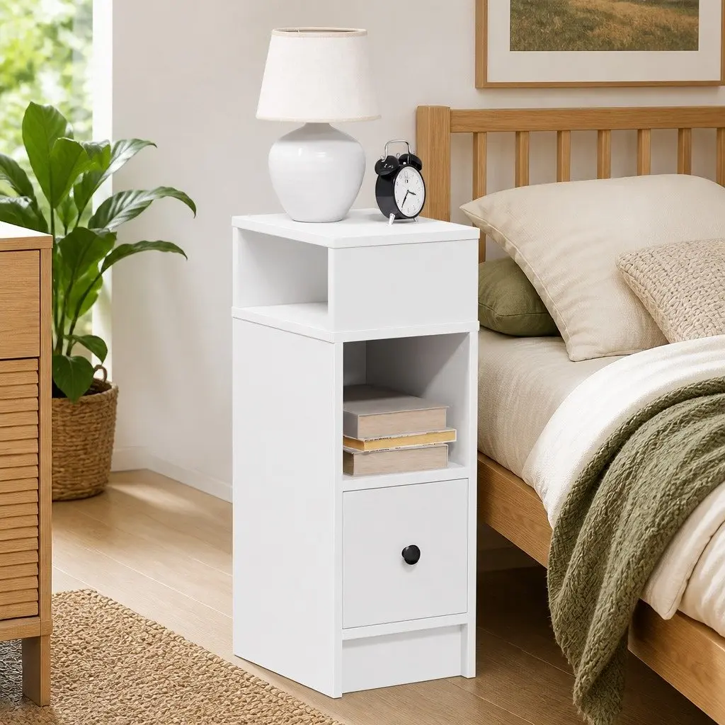 Bedside Cabinet with Drawer White Nightstand Bedroom Storage Table 25x31x66cm