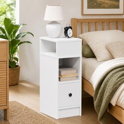 Charming White Nightstand with Drawer and Open Compartments